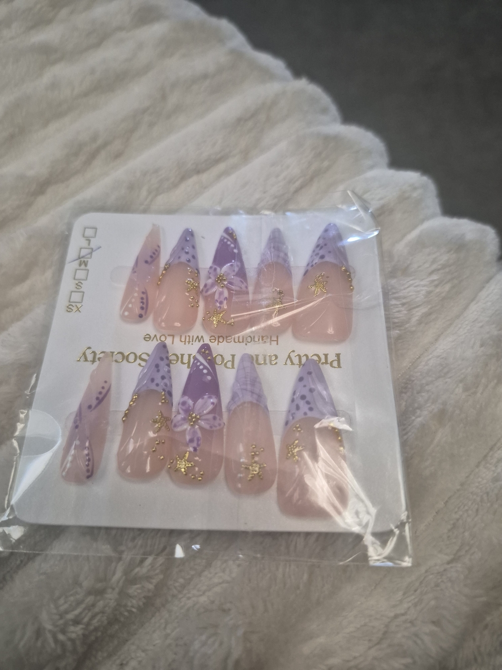 Purple Floral French Tip Press On Nails with Gold Accents